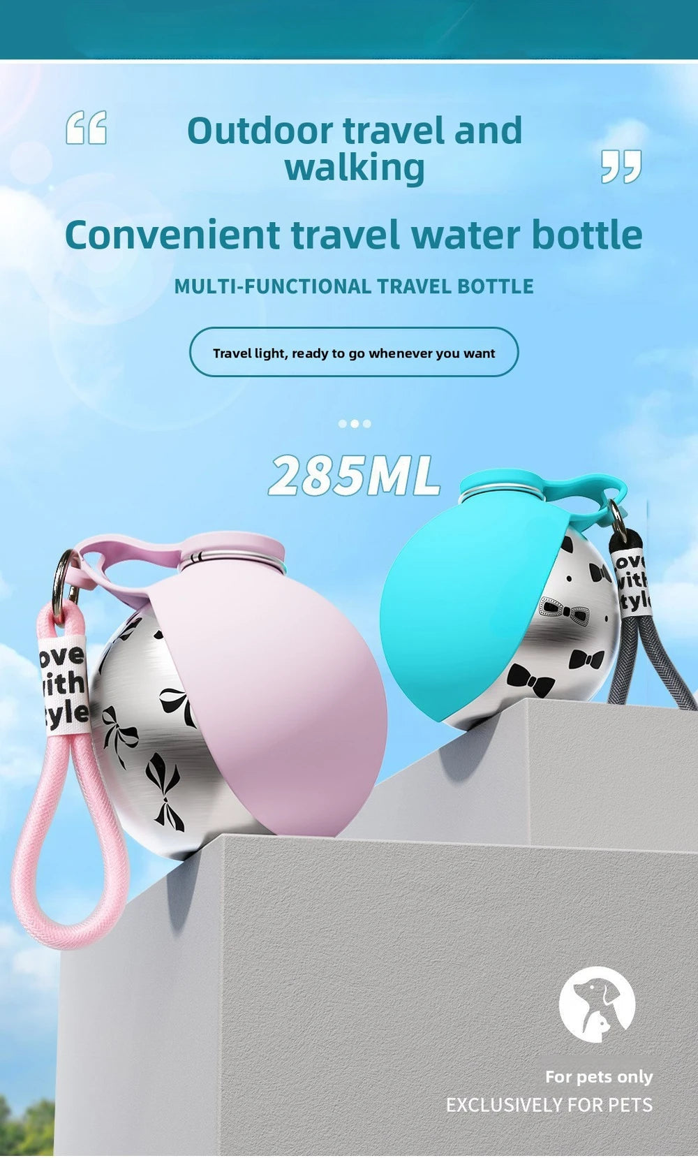 Foldable Stainless Steel Pet Water Bottle with Portable Hook