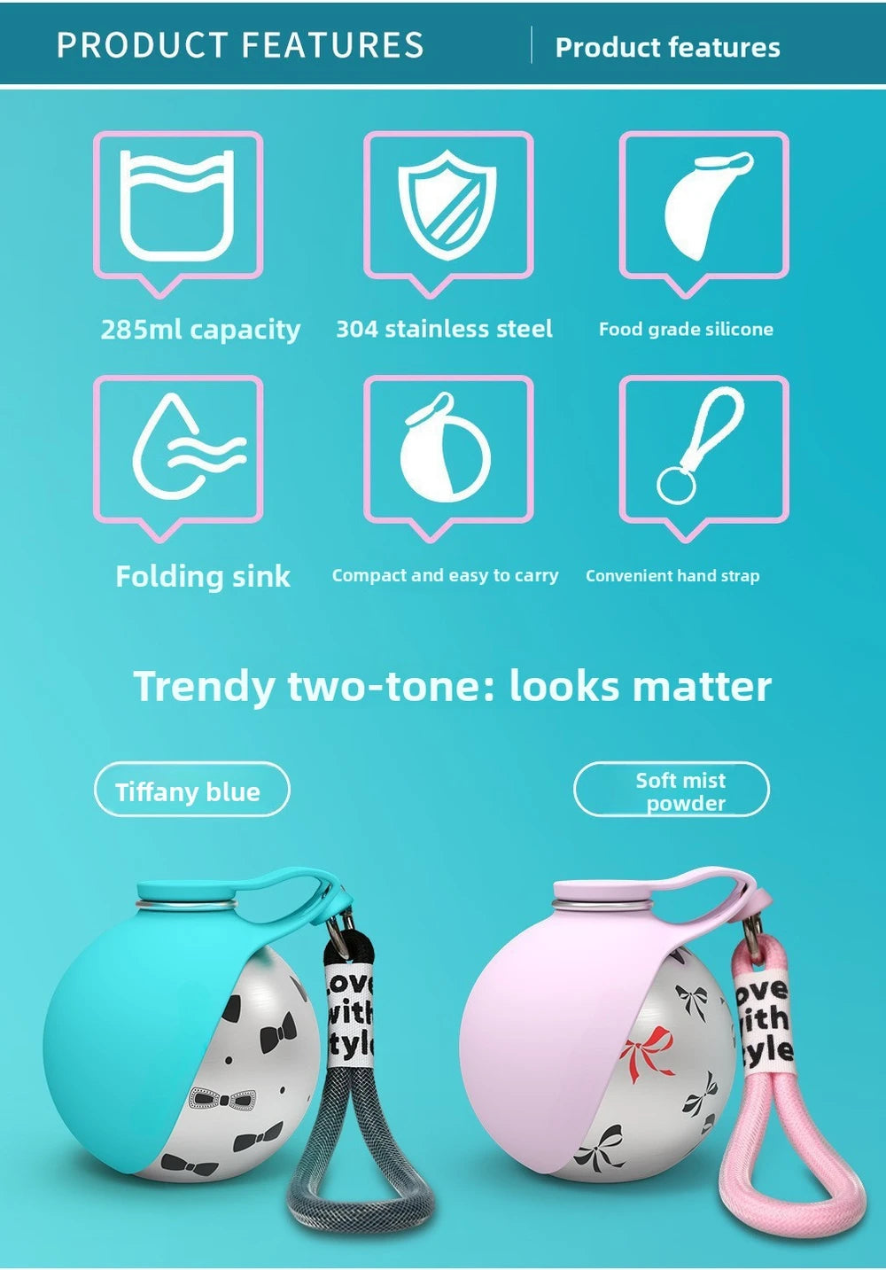 Foldable Stainless Steel Pet Water Bottle with Portable Hook