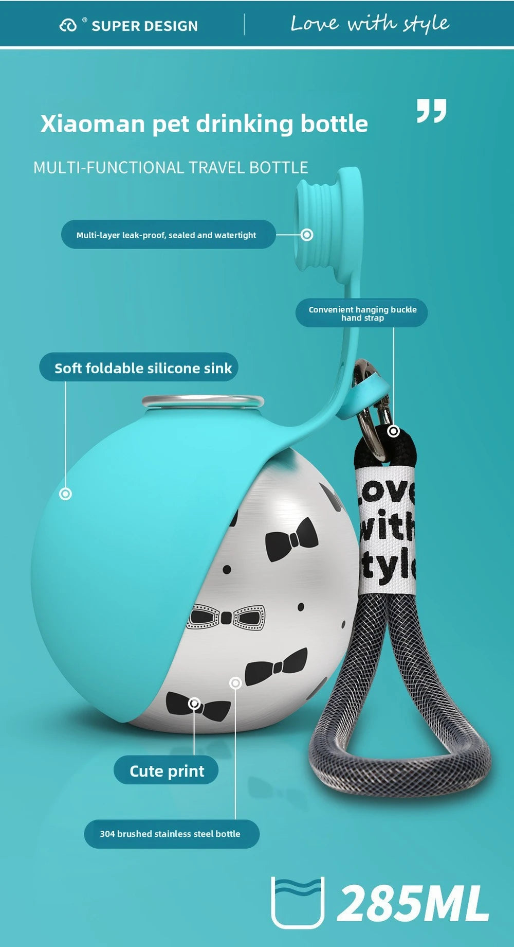 Foldable Stainless Steel Pet Water Bottle with Portable Hook