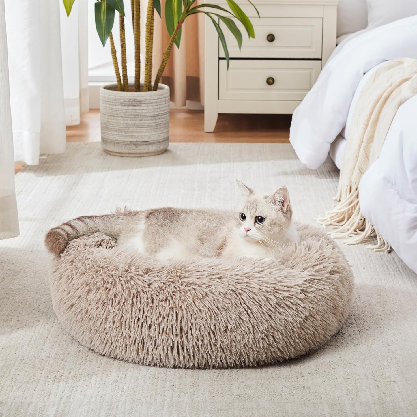 Calming Dog & Cat Bed, Anti-Anxiety Donut Cuddler Warming Cozy Soft round Fluffy Faux Fur Plush Cushion Bed - Sam's Pet Shop